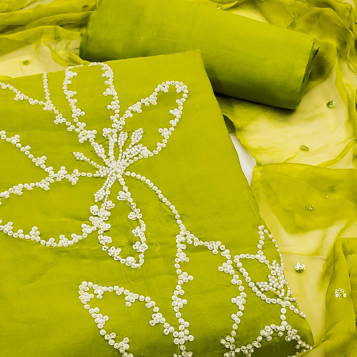 Green Floral Sequins With Moti Handwork Muslin Dress Material