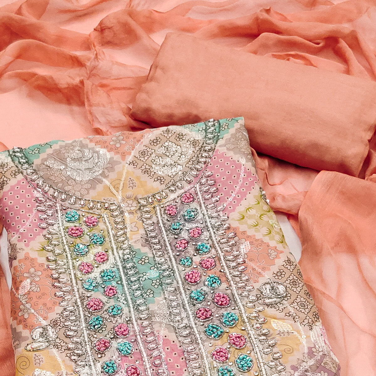 Peach Sequins With Hand Embroidered Muslin Dress Material