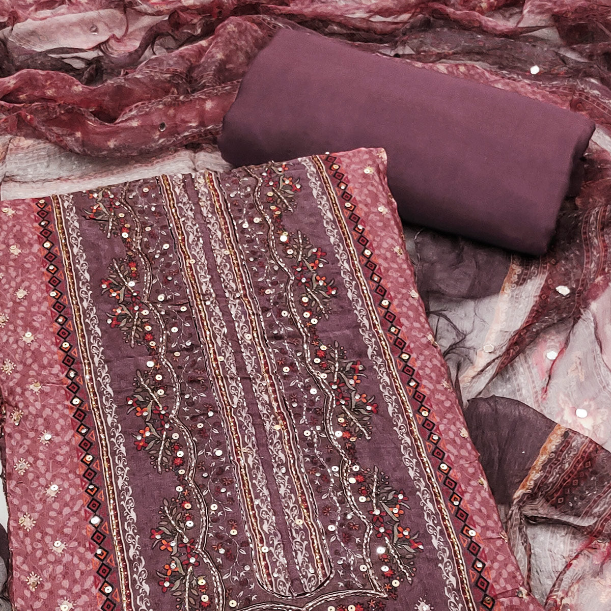 Mauve Embroidered With Printed Work Crepe Dress Material