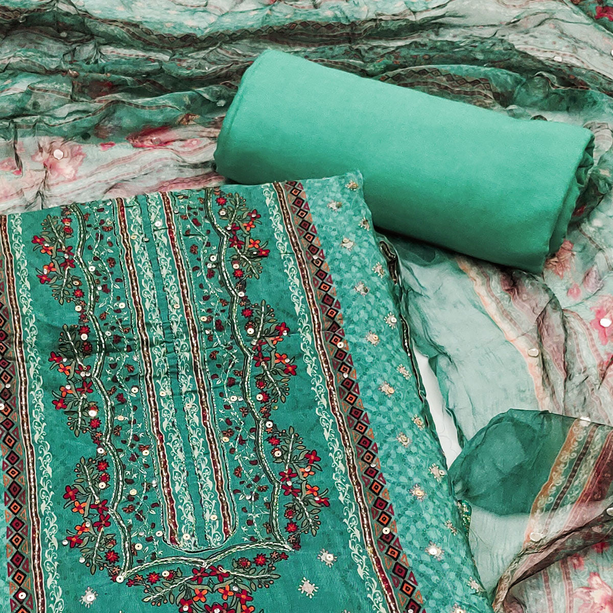 Rama Green Embroidered With Printed Work Crepe Dress Material