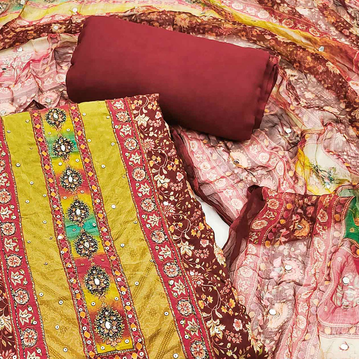 Maroon Embroidered With Printed Work Muslin Dress Material