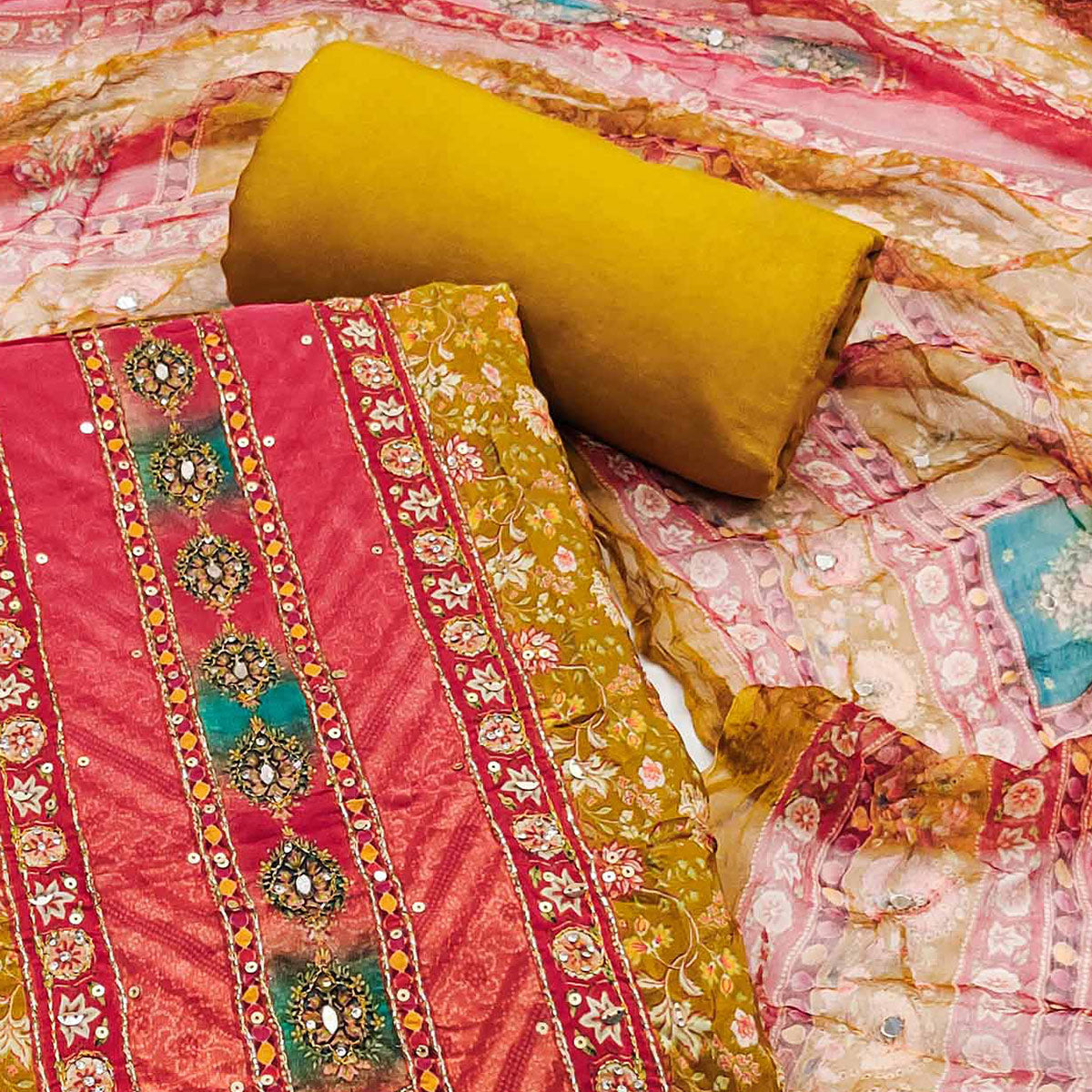 Mustard Embroidered With Printed Work Muslin Dress Material