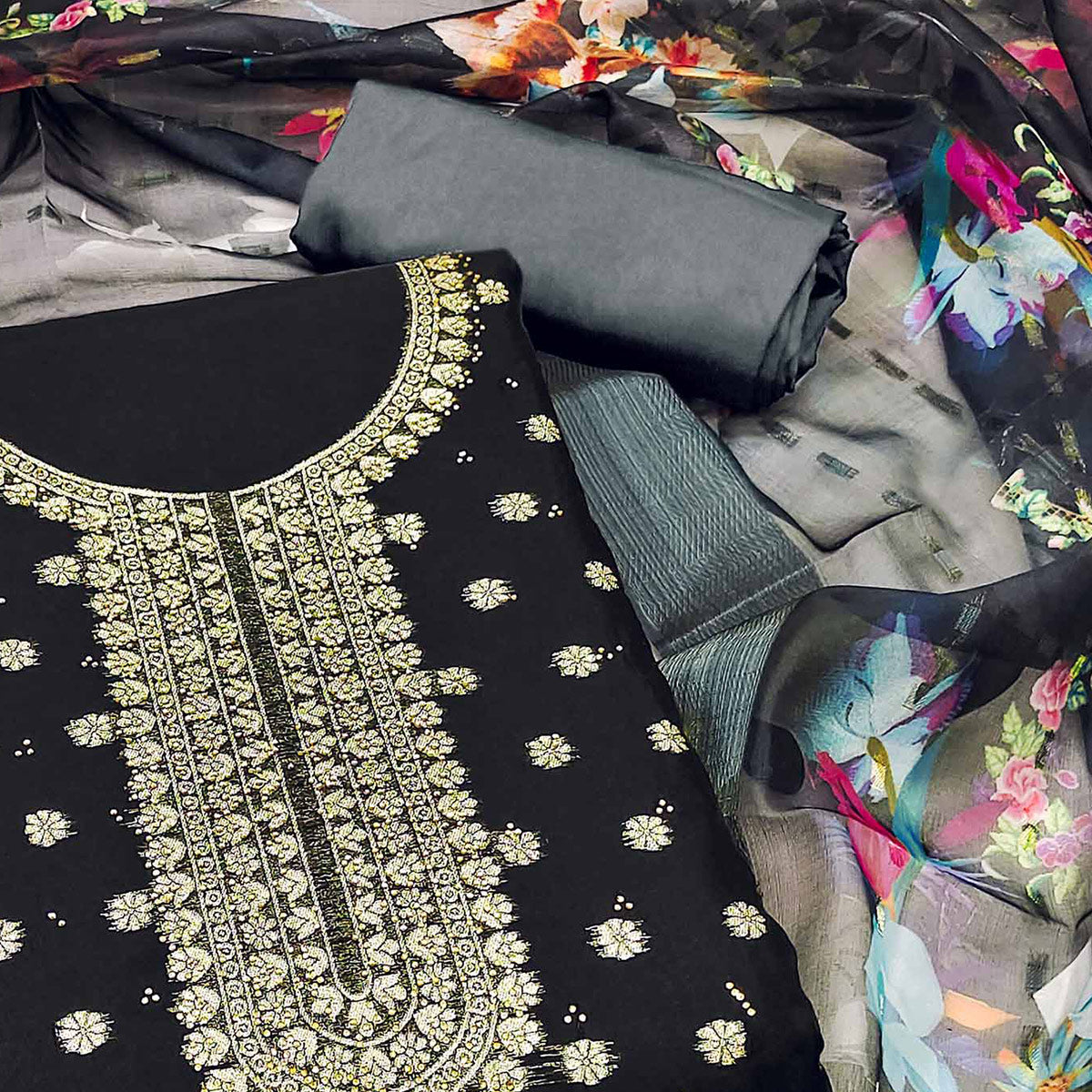 Black Floral Woven Chanderi Dress Material