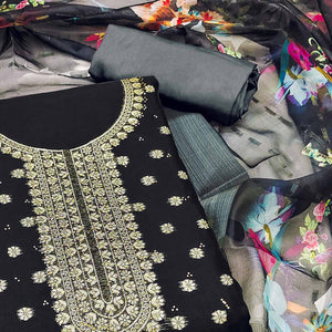 Black Floral Woven Chanderi Dress Material