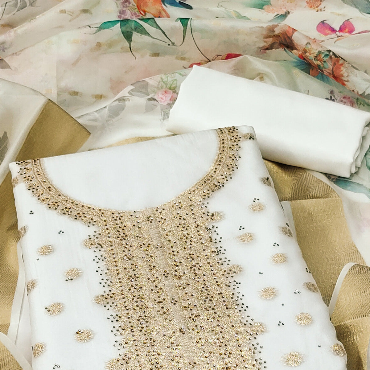 White Butti Design Woven Organza Dress Material