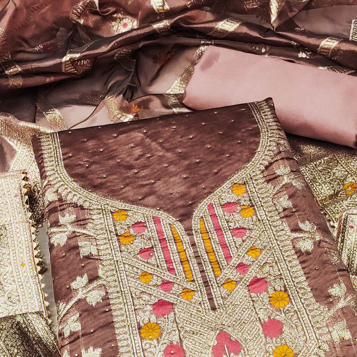 Brown Woven Organza Dress Material