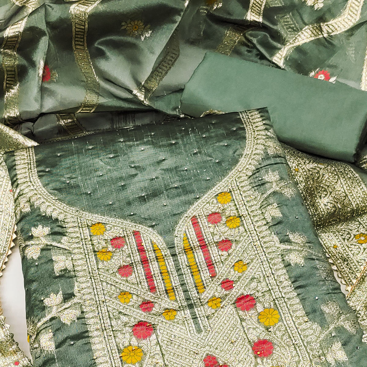 Green Woven Organza Dress Material