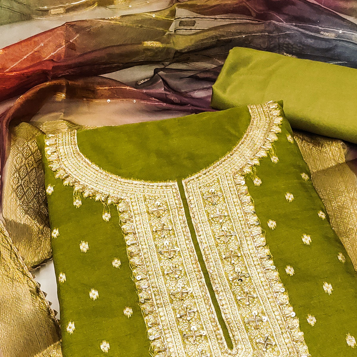 Mehandi Green Butti Design Woven Organza Dress Material