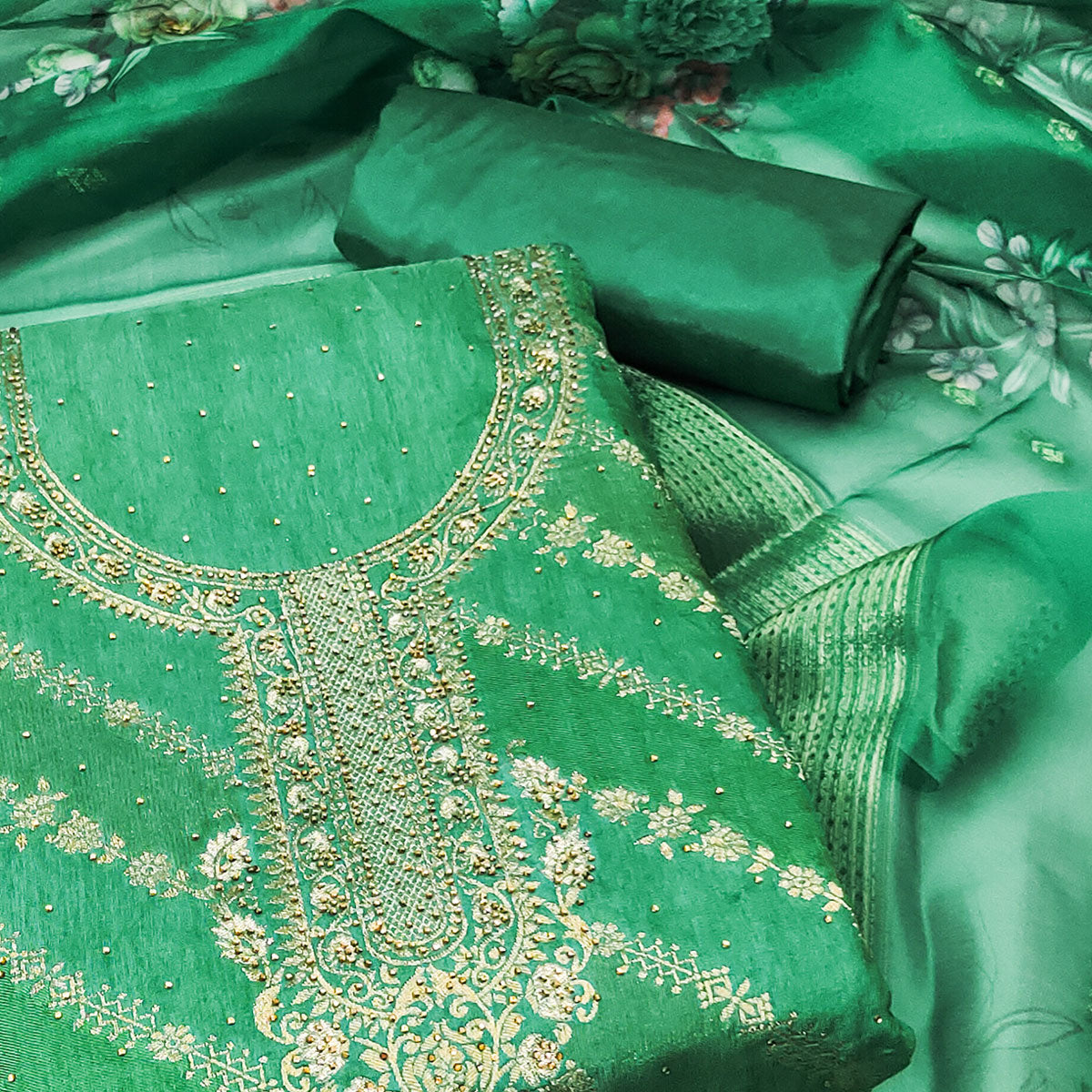 Sea Green Woven Cotton Silk Dress Material