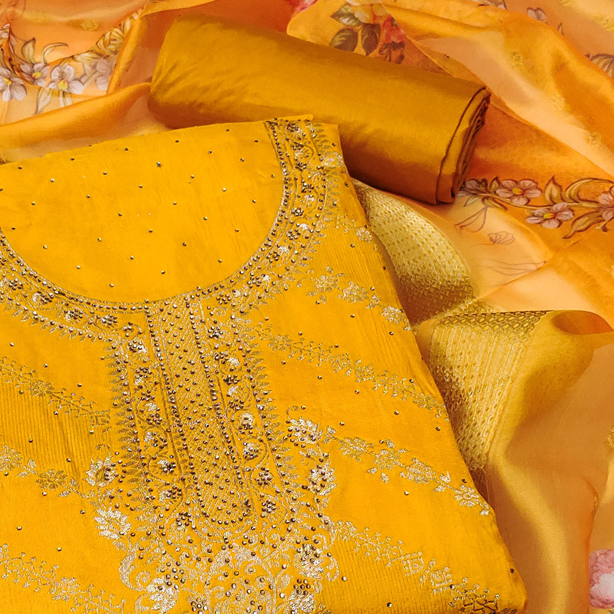 Yellow Woven Cotton Silk Dress Material