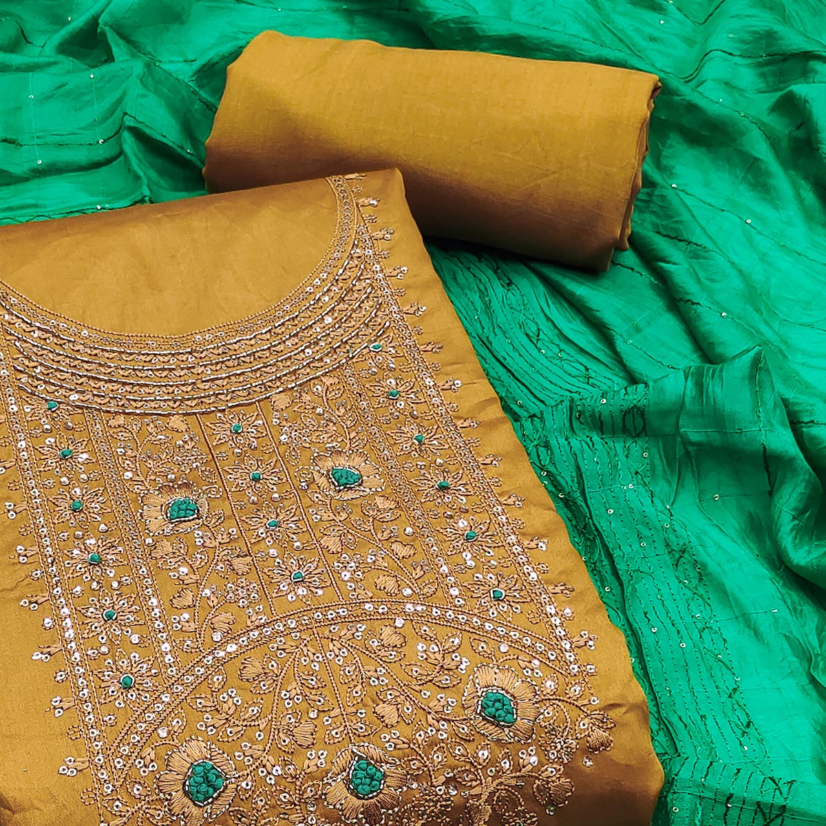 Mustard Sequins Embroidered Cotton Silk Dress Material