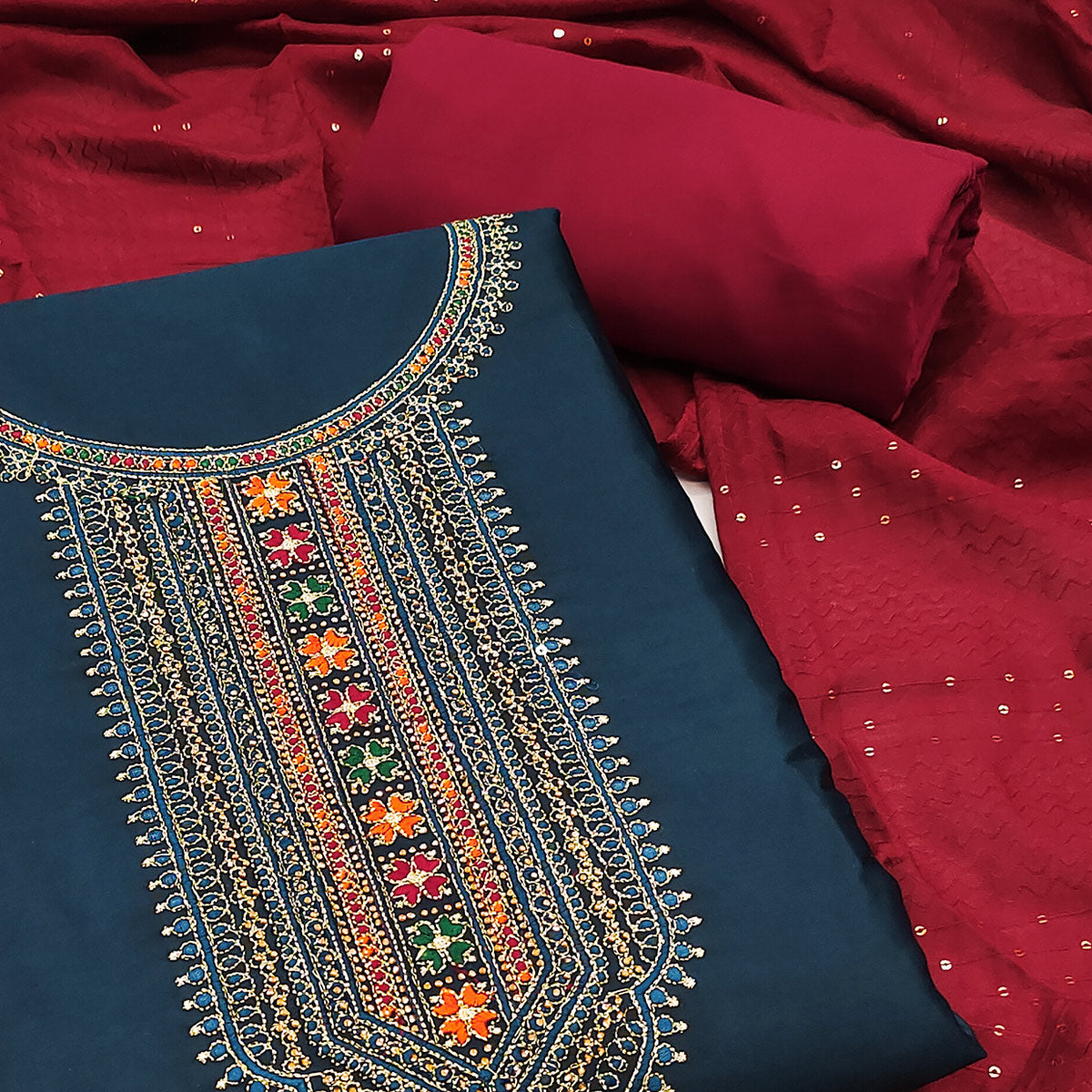 Blue Embroidered Cotton Silk Dress Material