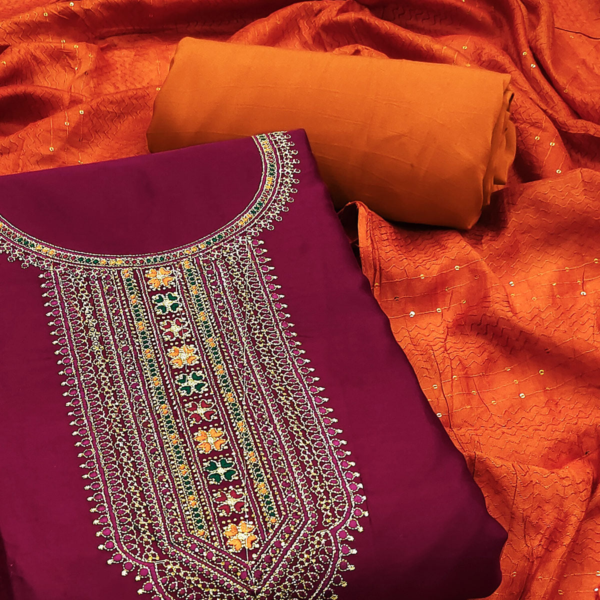 Purple Embroidered Cotton Silk Dress Material