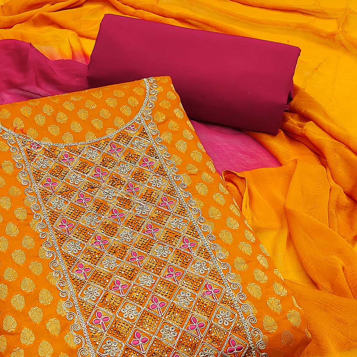 Yellow Butti Design Woven Jacquard Dress Material