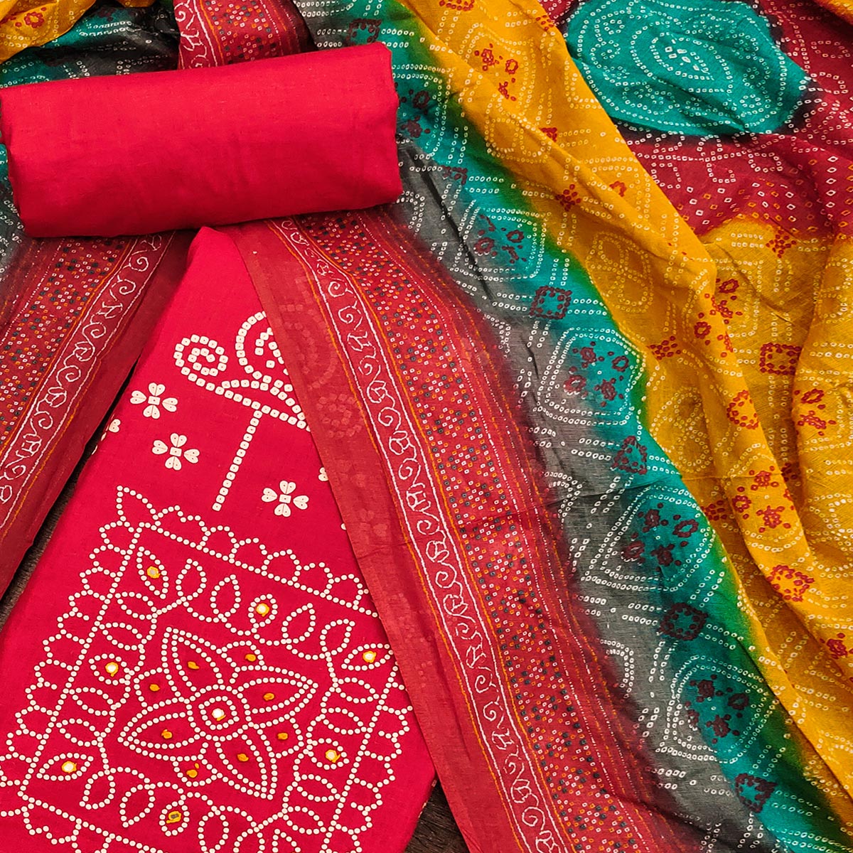 Red Printed Pure Cotton Dress Material