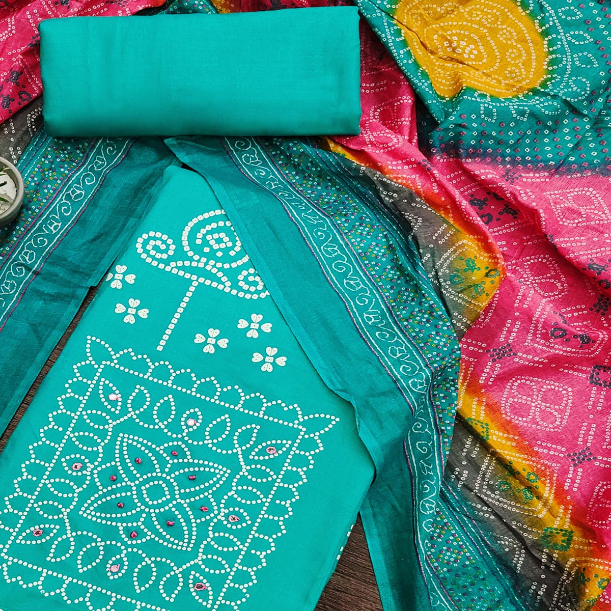 Turquoise Printed Pure Cotton Dress Material