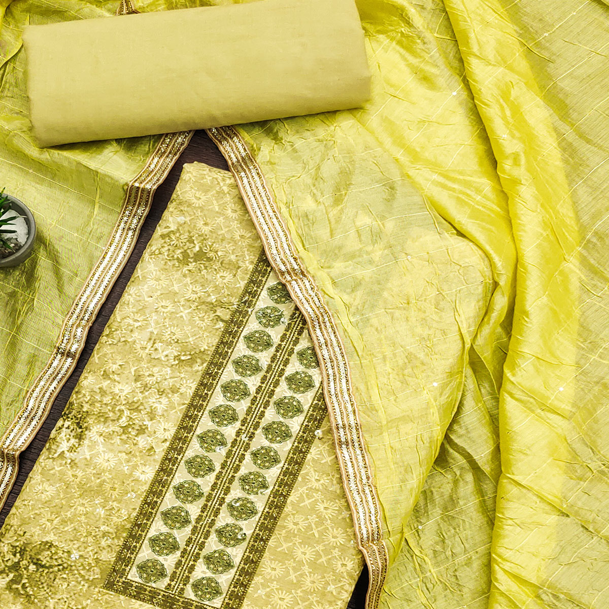 Lemon Green Chikankari With Printed Pure Cotton Dress Material