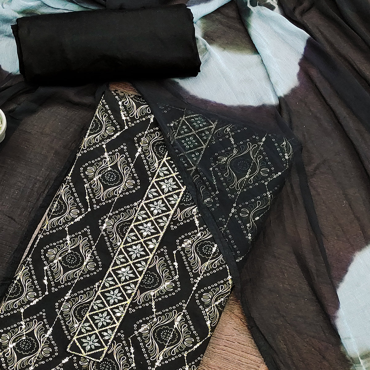 Black Printed With Sequins Work Pure Cotton Dress Material