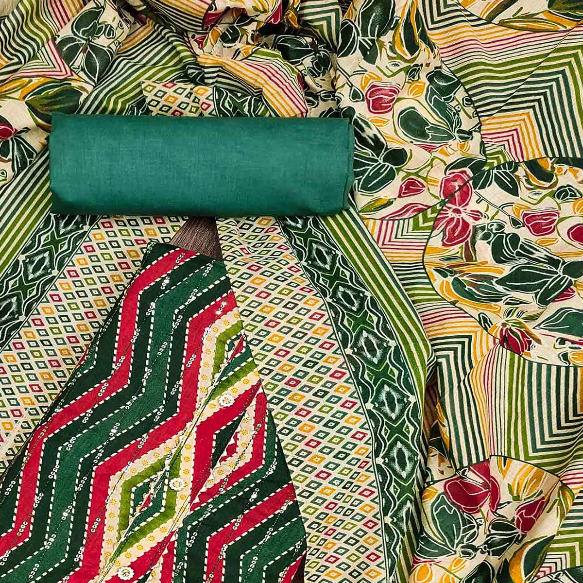 Green Printed With Sequins Work Pure Cotton Dress Material