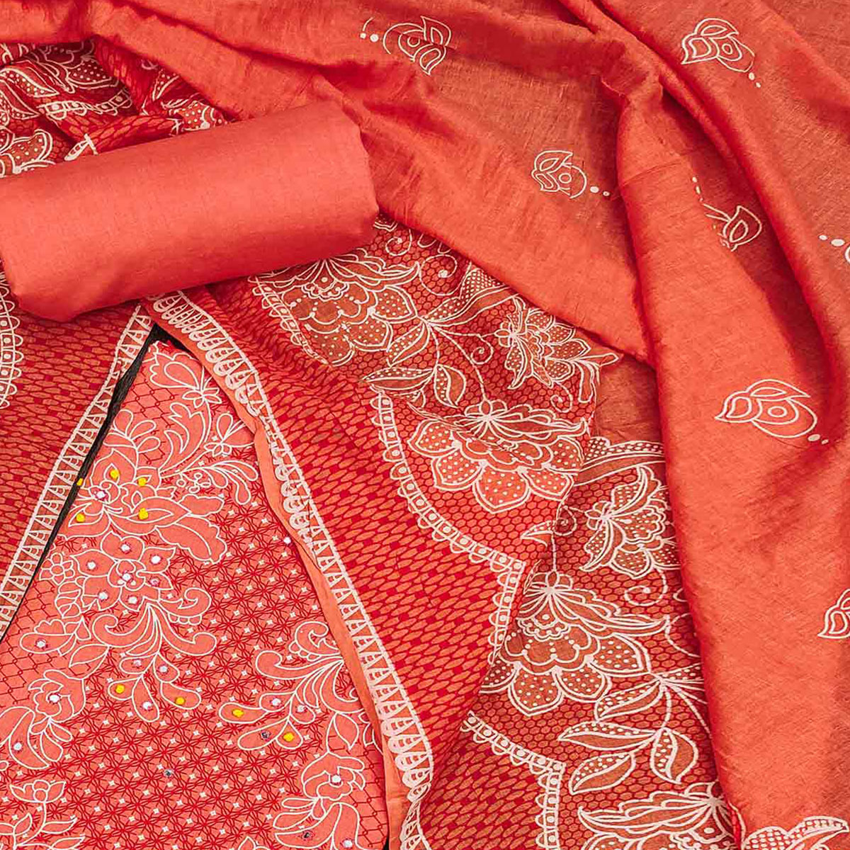 Peach Floral Printed Pure Cotton Dress Material