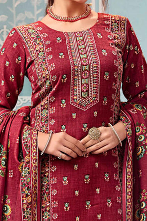 Maroon Floral Print Pashmina Fabric Set Designed for Warm and Stylish Ethnic Wear