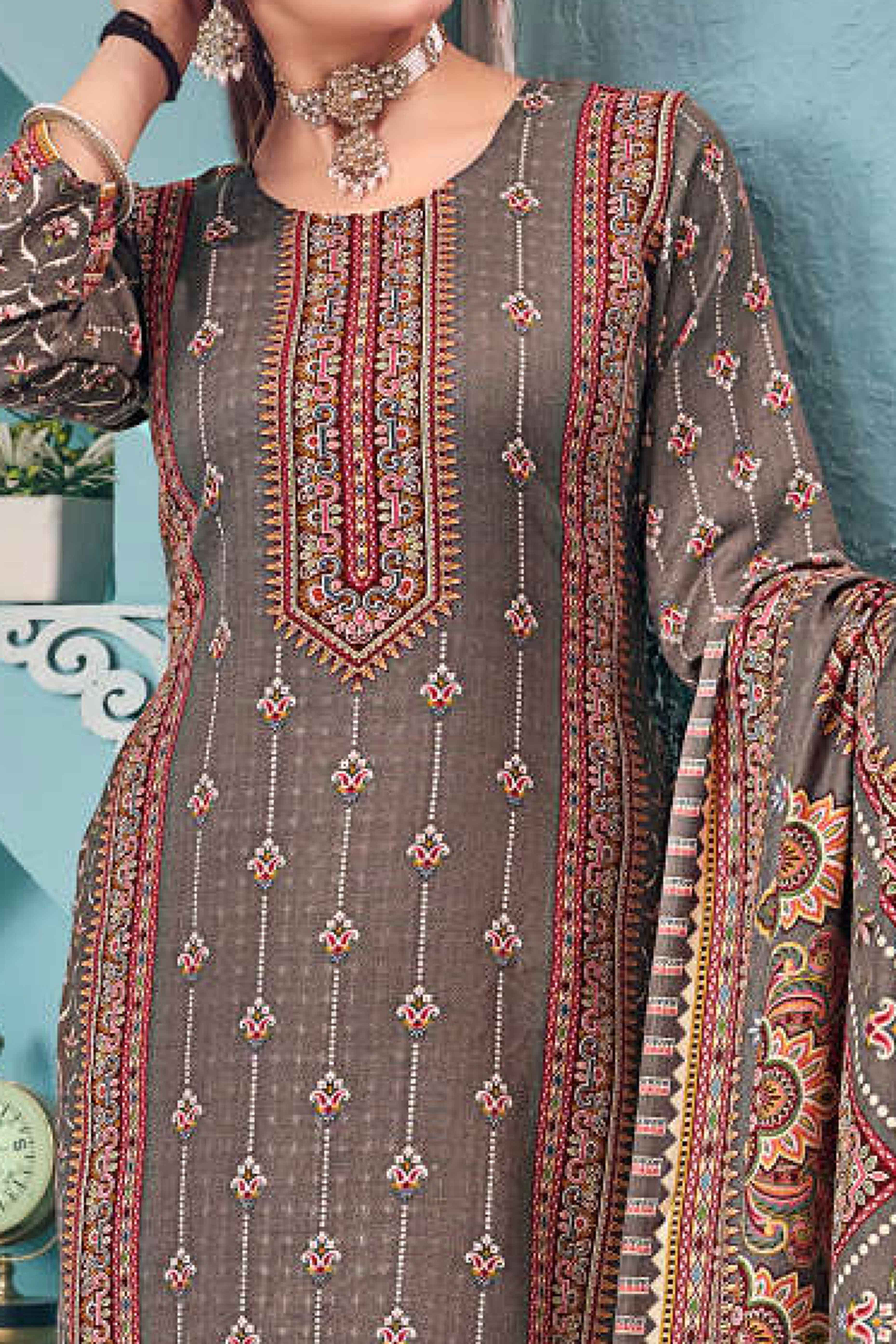 Grey Floral Print Pashmina Fabric Set Designed for Warm and Stylish Ethnic Wear