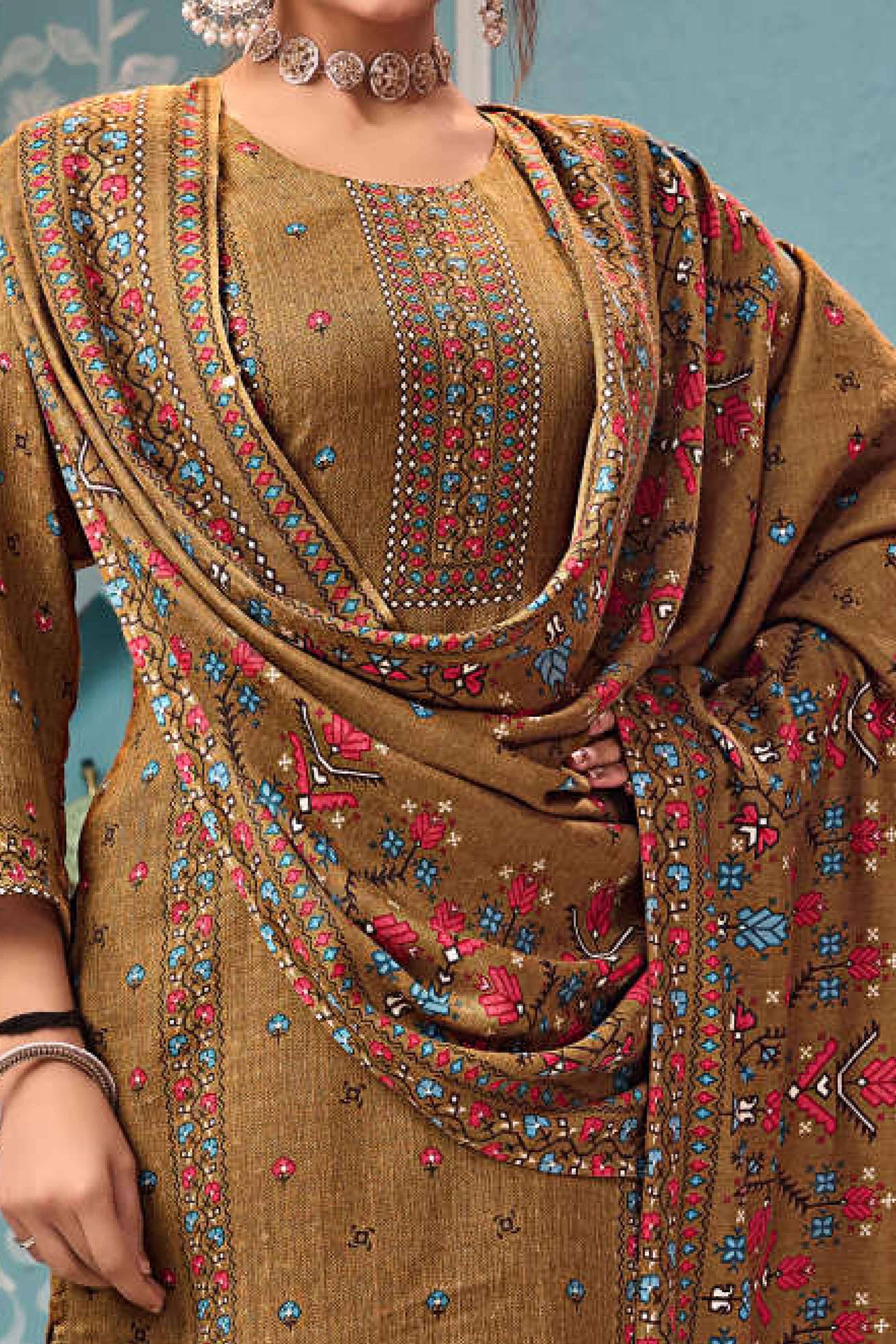 Olive Floral Print Pashmina Fabric Set Designed for Warm and Stylish Ethnic Wear