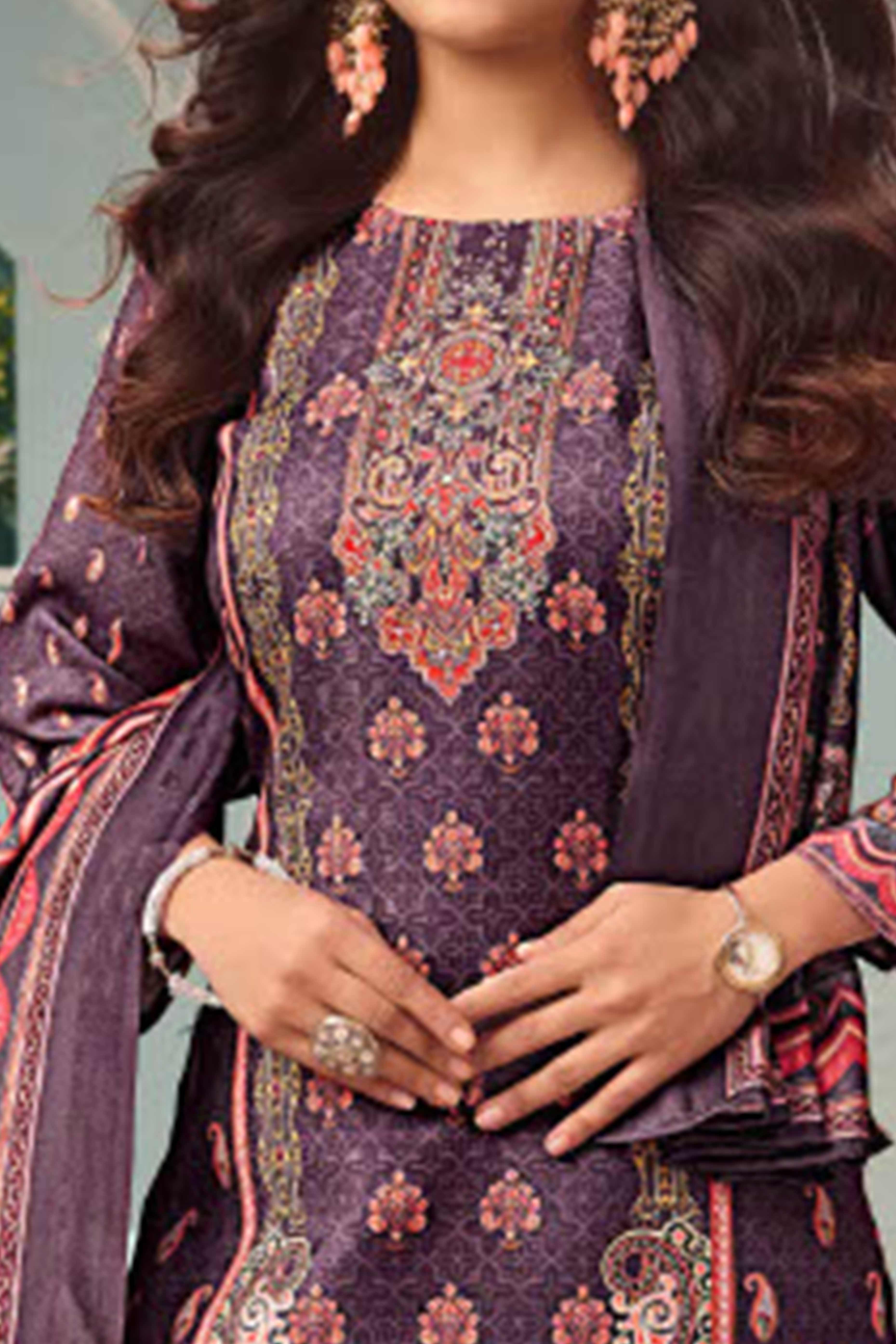 Wine Stylish Floral Printed Pashmina Dress Material for Graceful Winter Outfits