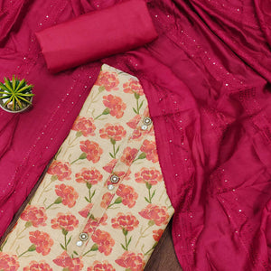 Beige Floral Printed Cotton Silk Dress Material