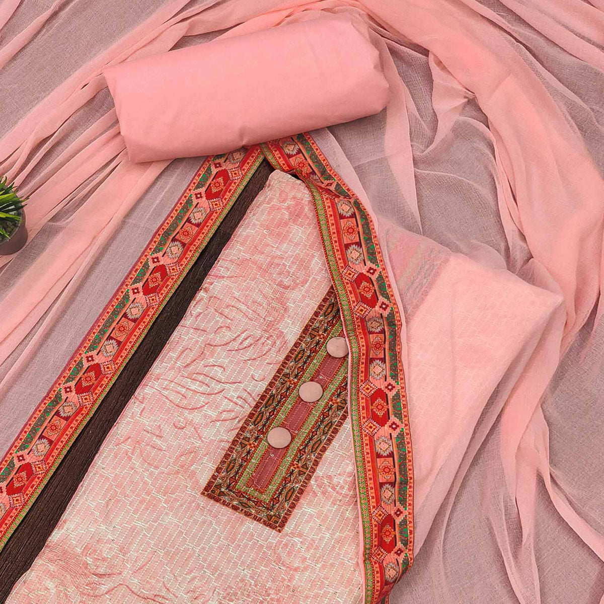 Peach Floral Printed Cotton Silk Dress Material