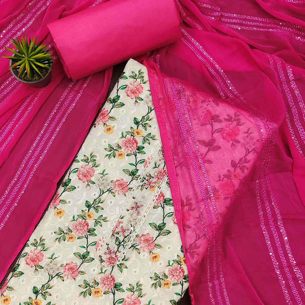 White & Rani Pink Printed With Embroidered Pure Cotton Dress Material