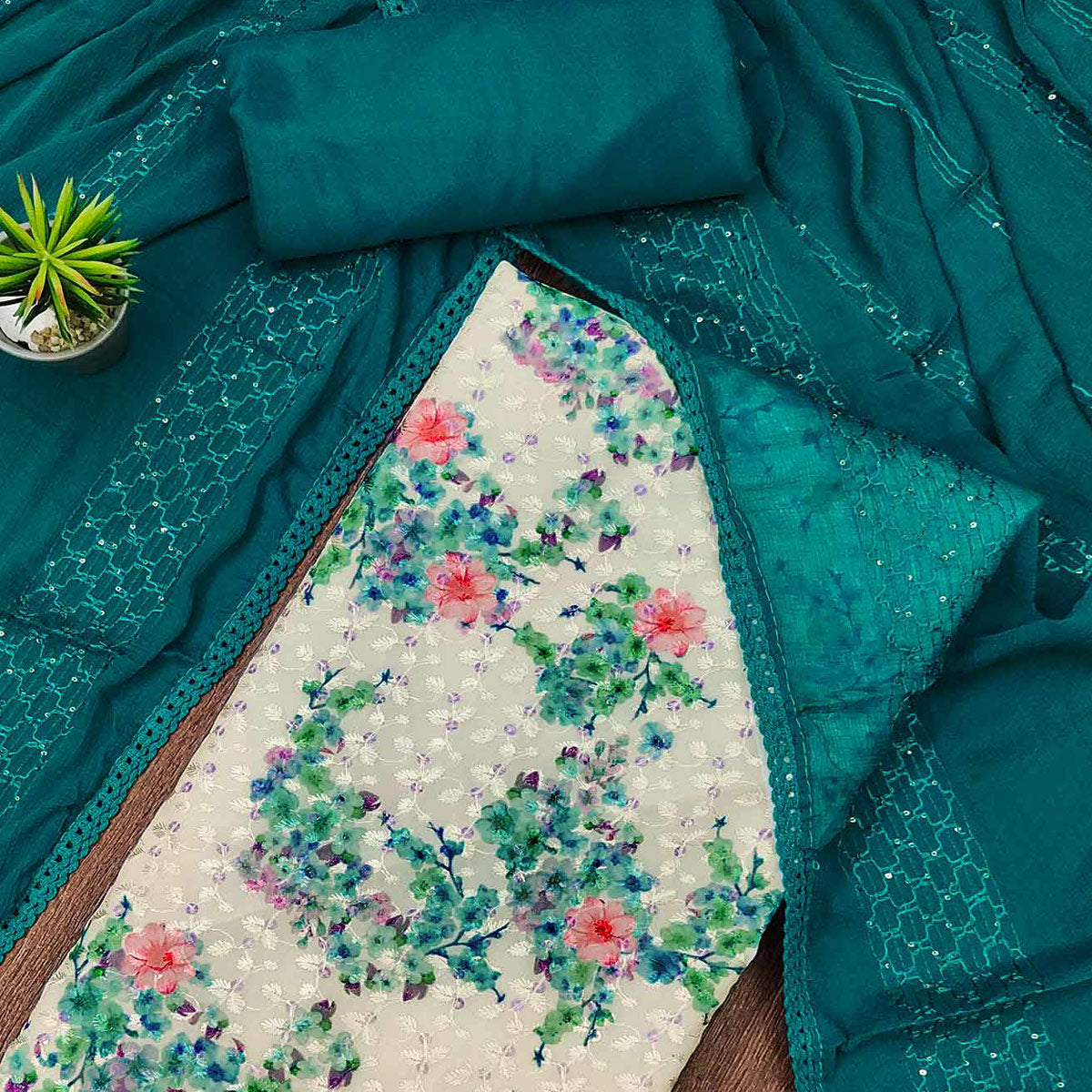 White Printed With Embroidered Georgette Dress Material