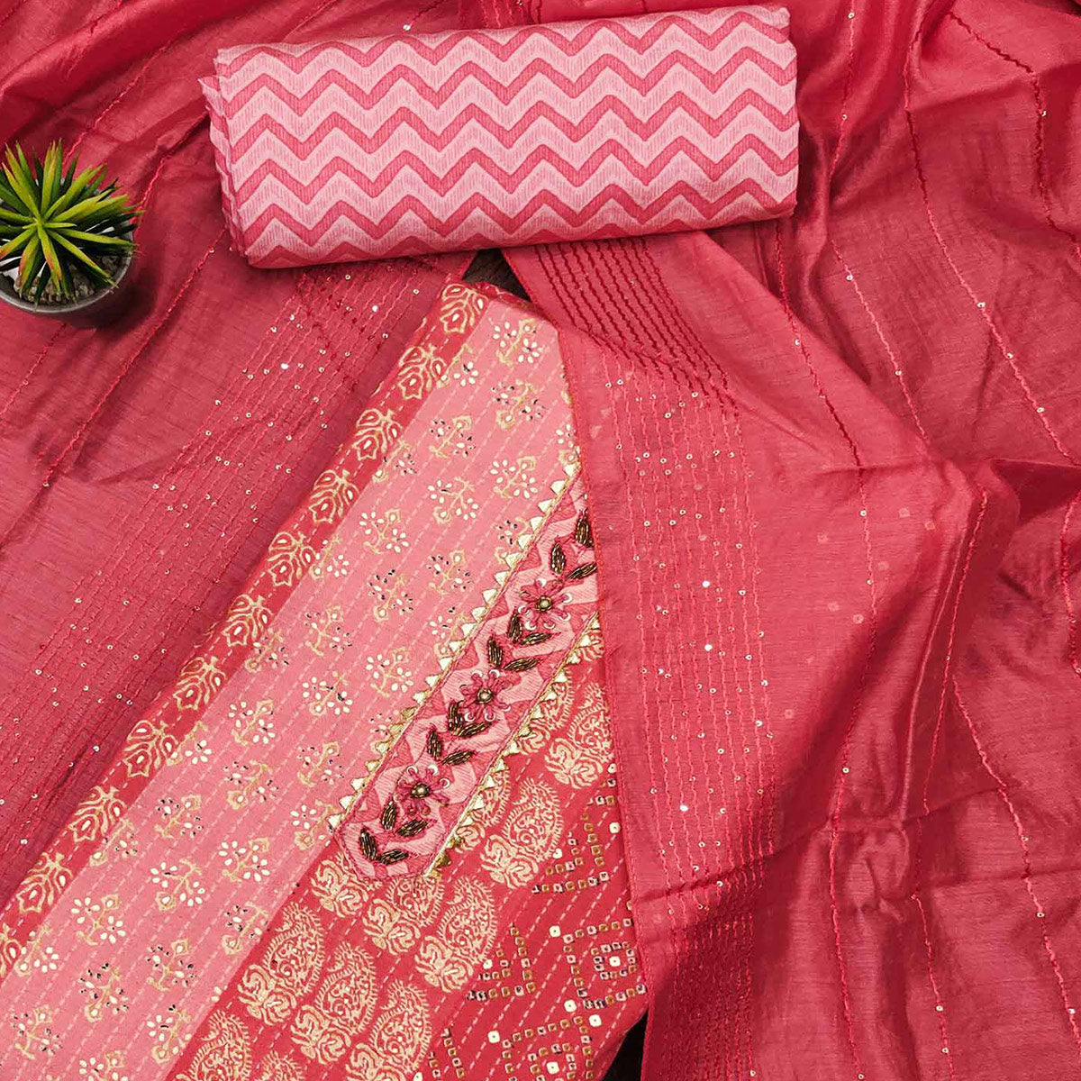 Pink Foil Printed Cotton Silk Dress Material