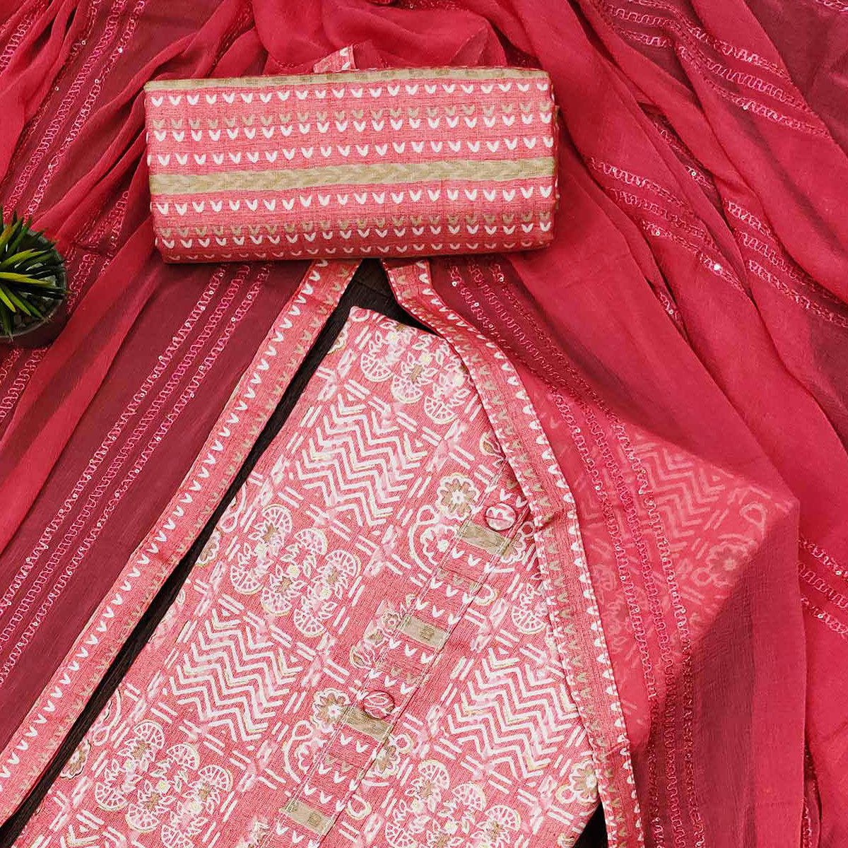 Peach Printed Pure Cotton Dress Material