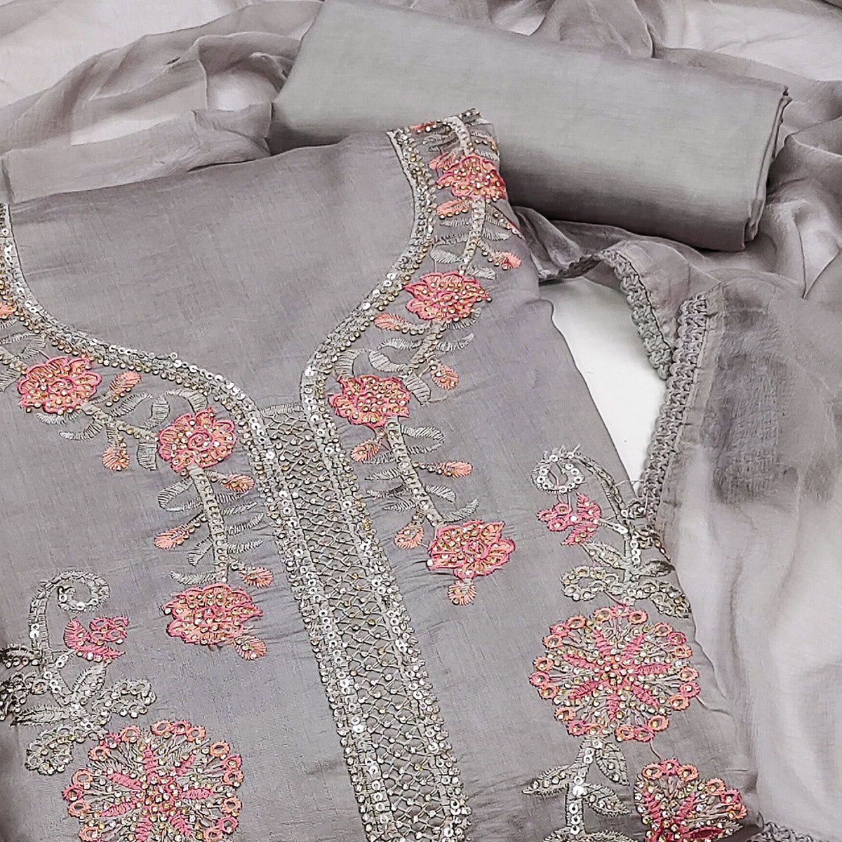 Grey Floral Sequins Embroidered With Stonework Roman Cotton Silk Dress Material