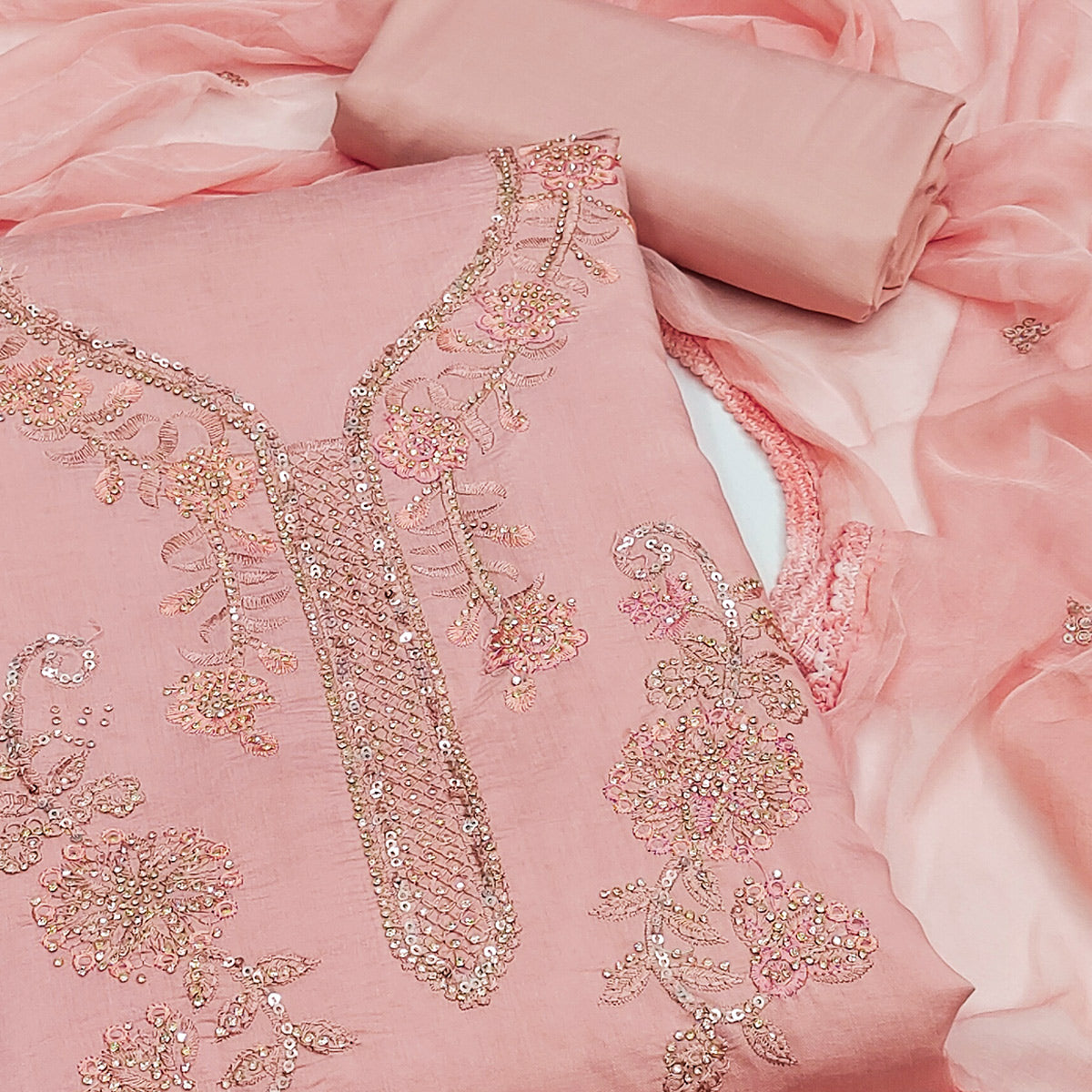 Peach Floral Sequins Embroidered With Stonework Roman Cotton Silk Dress Material