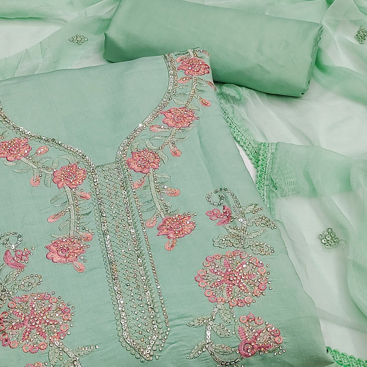 Sea Green Floral Sequins Embroidered With Stonework Roman Cotton Silk Dress Material