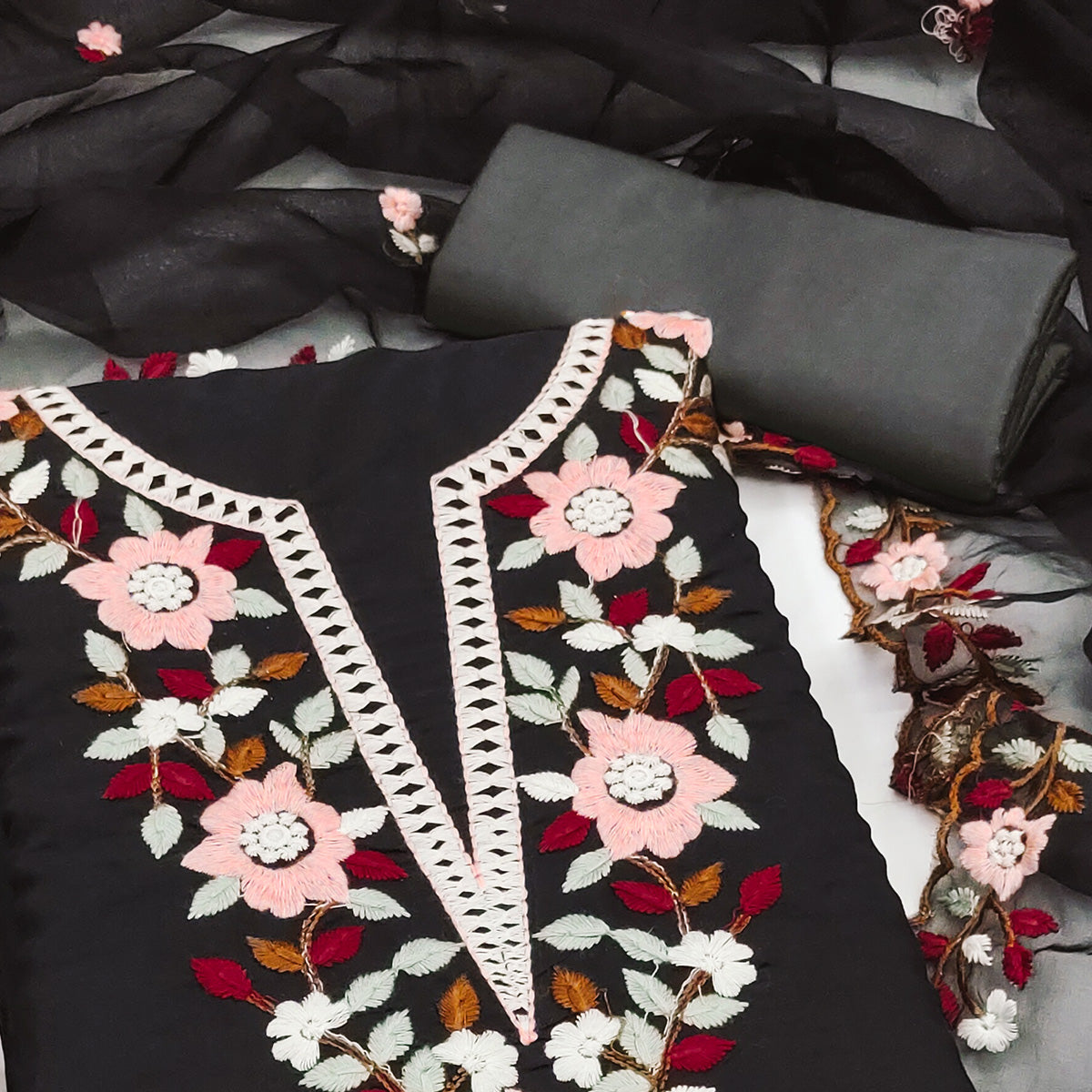 Black Floral Embroidered Roman Cotton Silk Dress Material