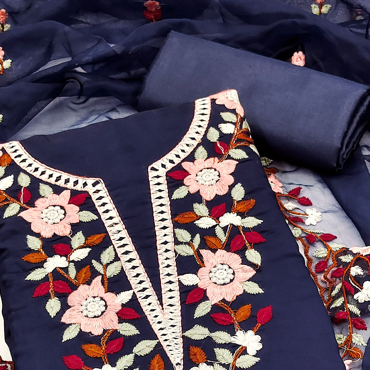 Navy Blue Floral Embroidered Roman Cotton Silk Dress Material