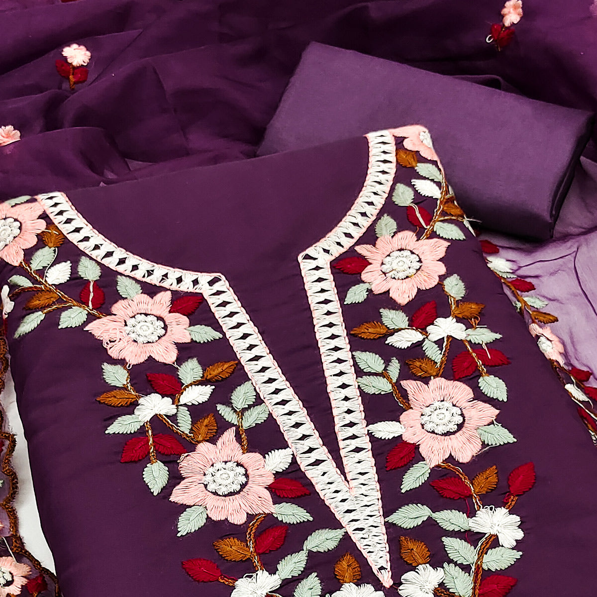 Purple Floral Embroidered Roman Cotton Silk Dress Material