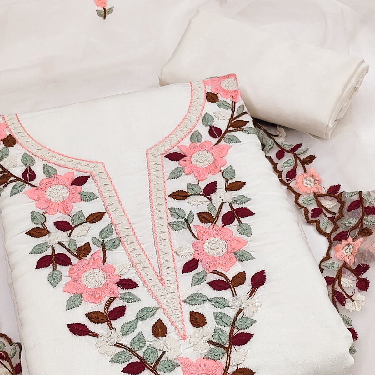 White Floral Embroidered Roman Cotton Silk Dress Material