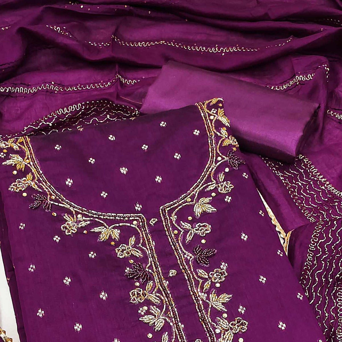 Purple Woven With handwork Chanderi Modal Dress Material