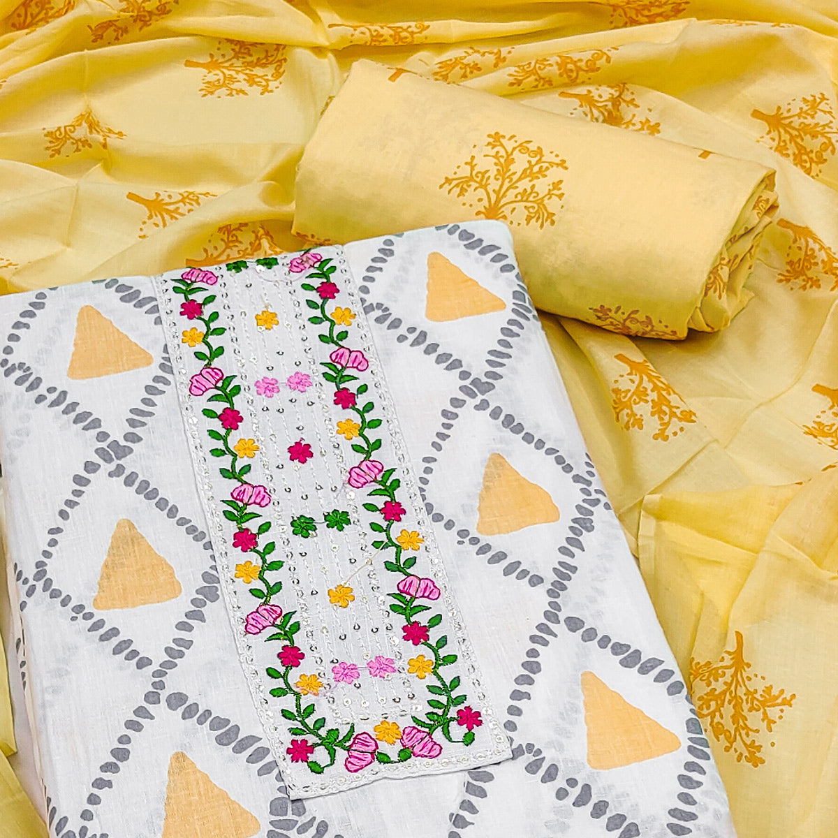 White & Yellow Printed Pure Cotton Dress Material