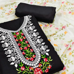 Black Floral Embroidered Pure Cotton Dress Material