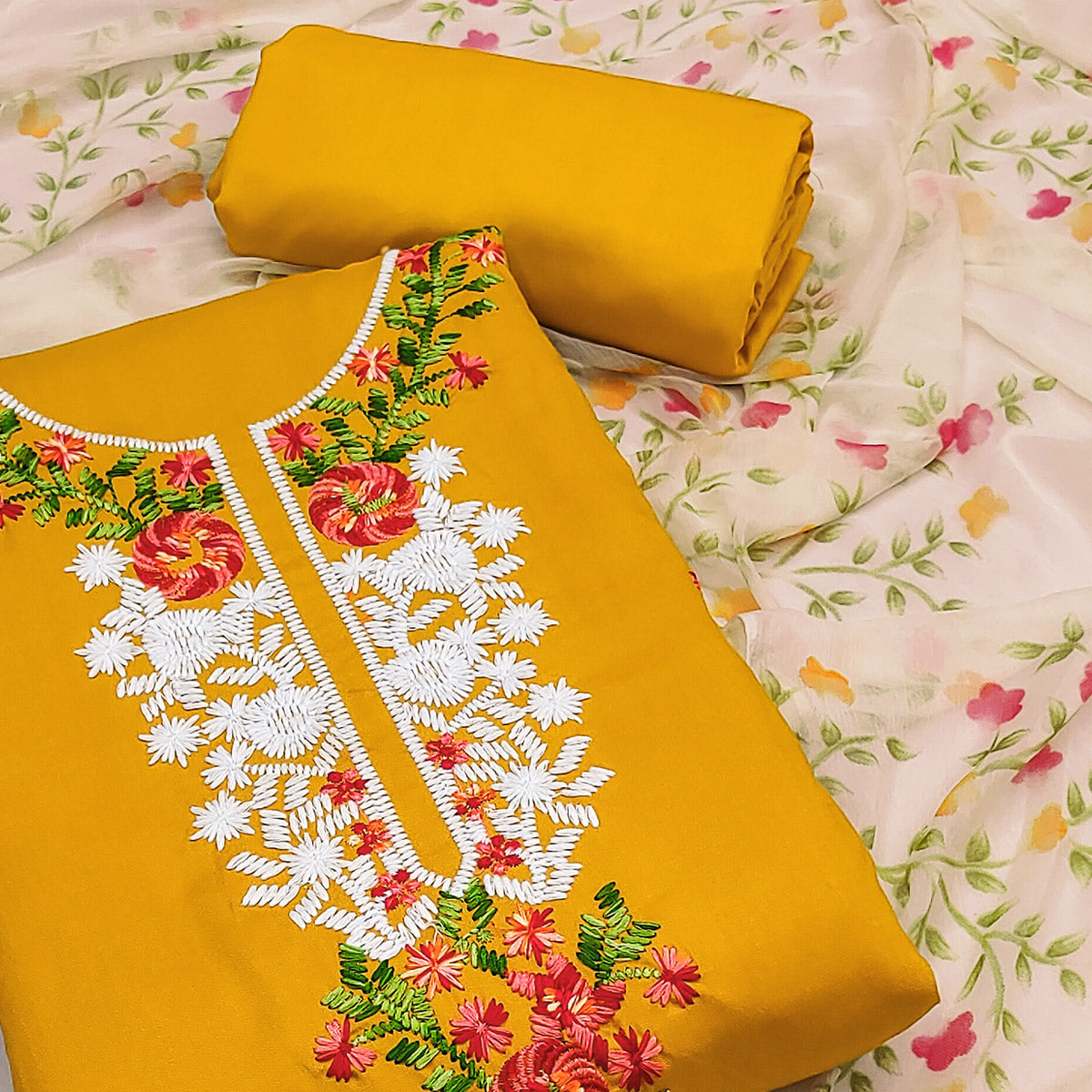 Mustard Floral Embroidered Pure Cotton Dress Material