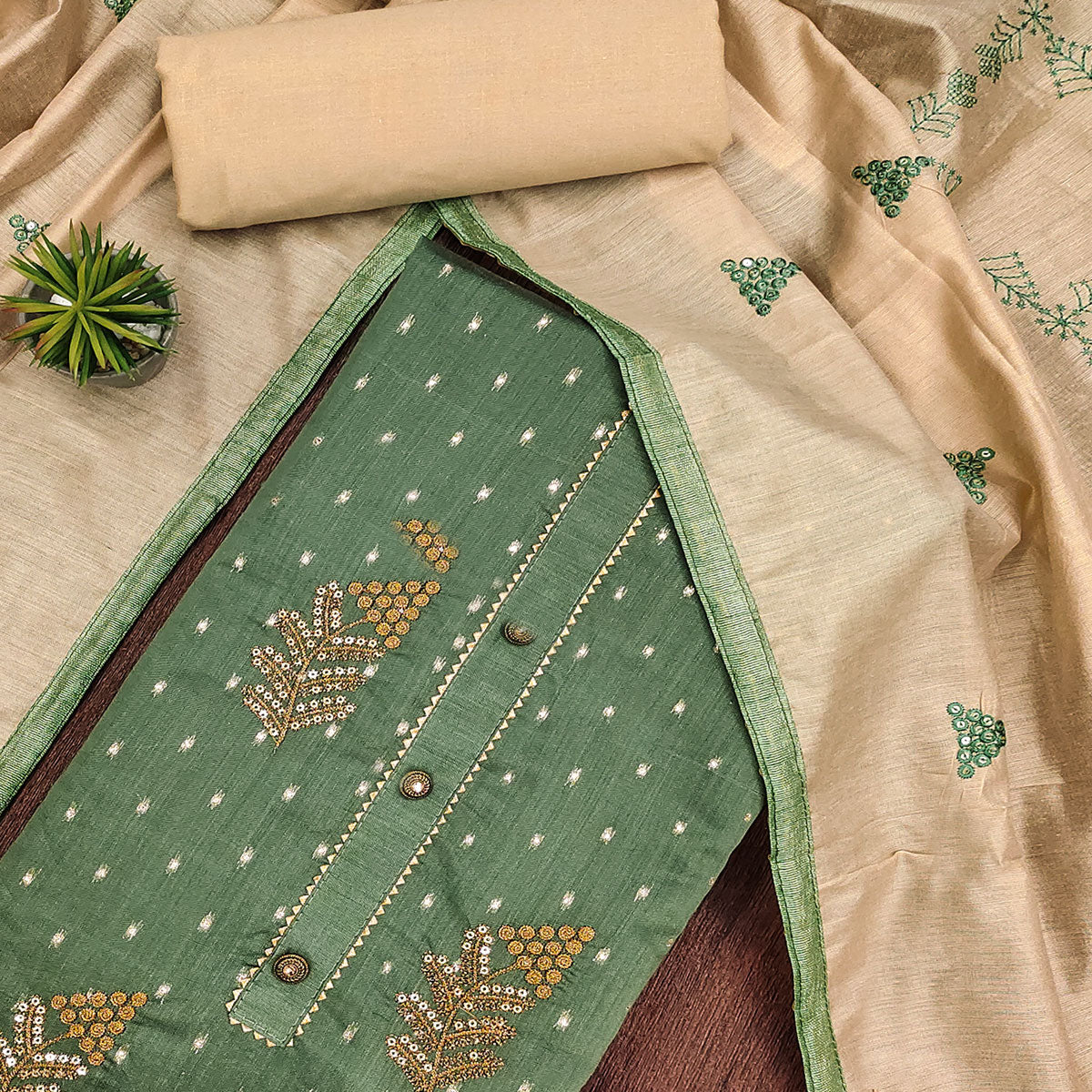 Green Sequins Embroidered Chanderi Dress Material