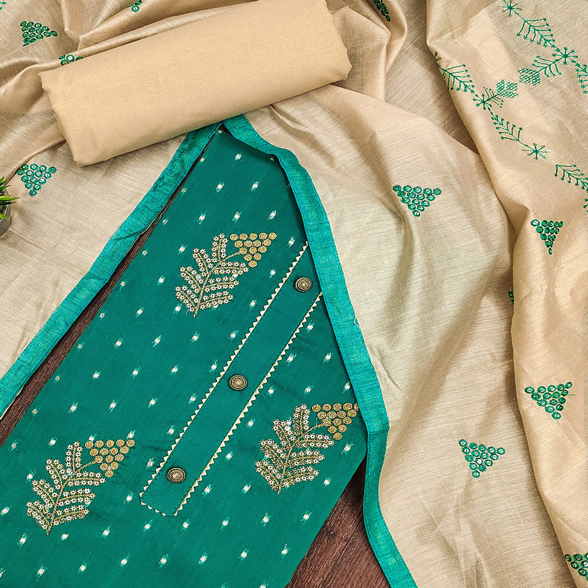 Rama Green Sequins Embroidered Chanderi Dress Material