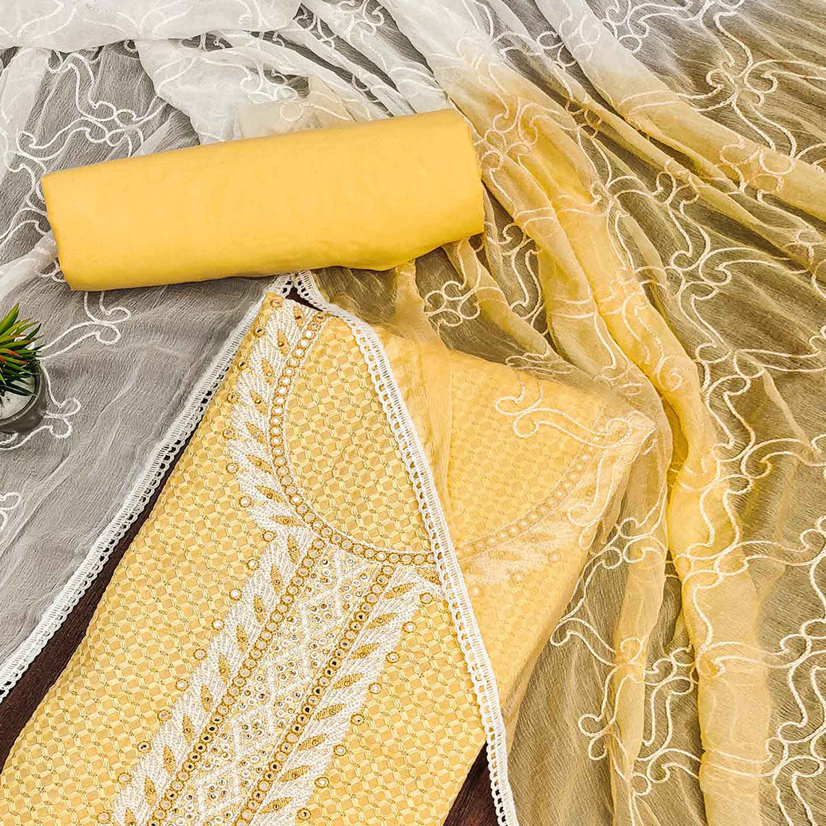 Yellow Chikankari work Pure Cotton Dress Material