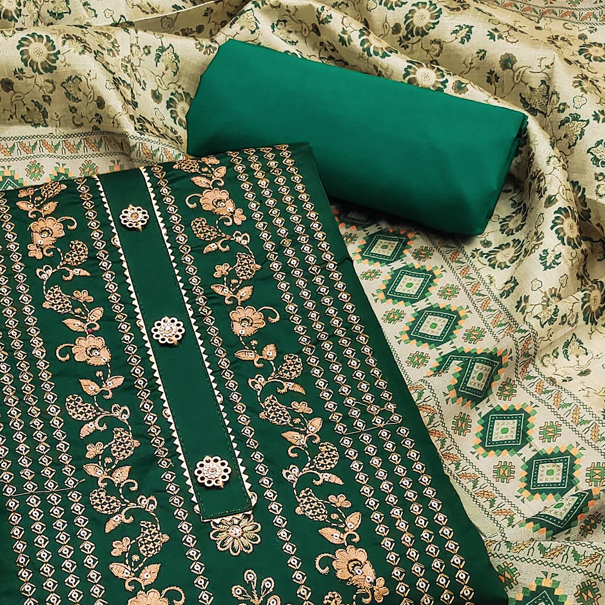 Green Floral Embroidered Cotton Silk Dress Material