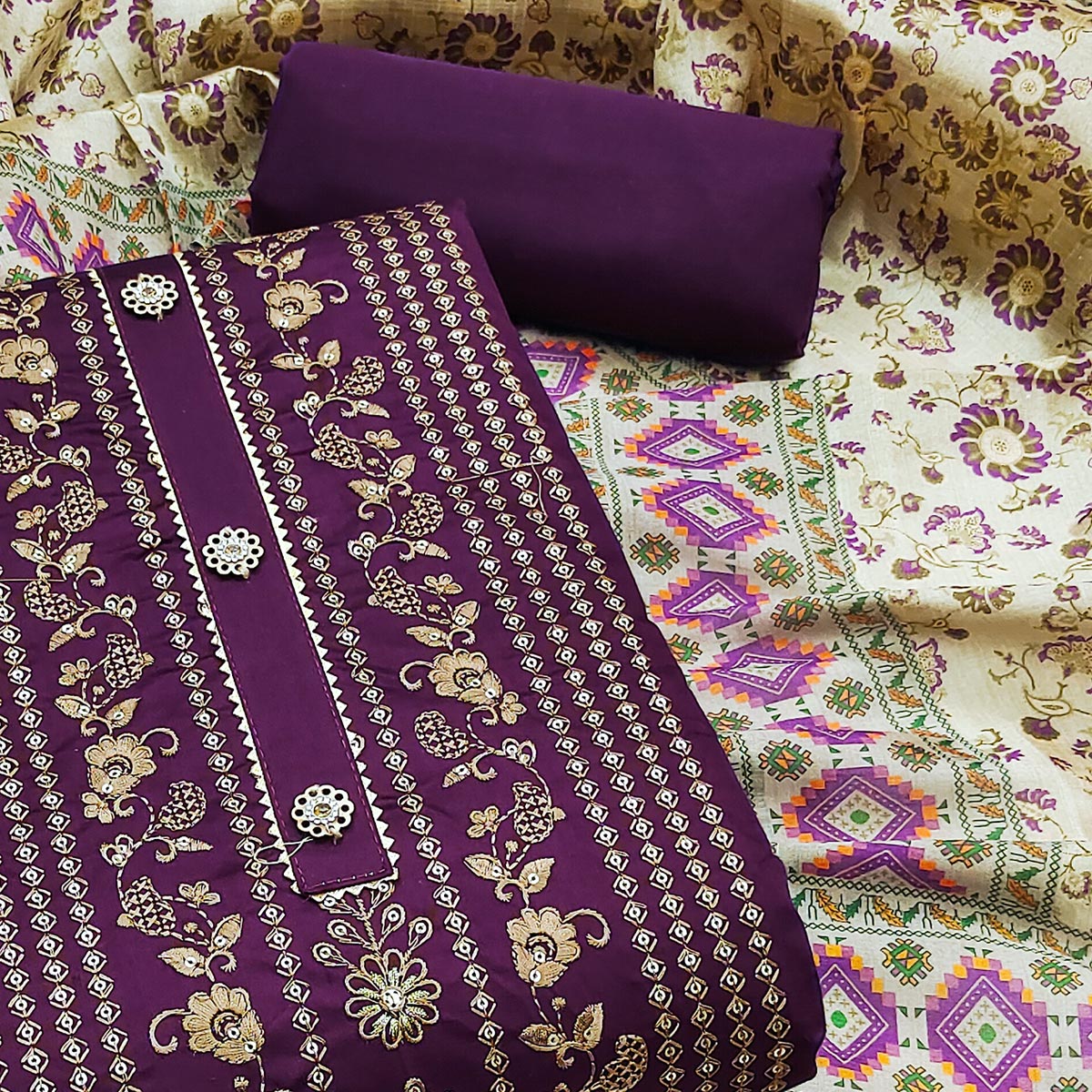 Purple Floral Embroidered Cotton Silk Dress Material
